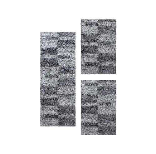 Produktbild: Carpetsale24 Bettumrandung Schlafzimmer 3 teilig Shaggy Hochflor Teppich Grau Bettvorleger Schlafzimmer Bettset: 2 St. 60x110 cm | 1 St. 80x150 cm - Flauschiger Teppich Läufer Set Kariert Design