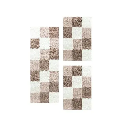 Produktbild: Carpetsale24 Bettumrandung Schlafzimmer 3 teilig Shaggy Hochflor Teppich Mokka Bettvorleger Schlafzimmer Bettset: 2 St. 60x110 cm | 1 St. 80x150 cm - Teppich Läufer Set Kariert Design