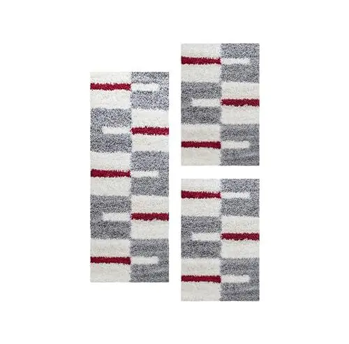 Produktbild: Carpetsale24 Bettumrandung Schlafzimmer 3 teilig Shaggy Hochflor Teppich Rot Bettvorleger Schlafzimmer Bettset: 2 St. 60x110 cm | 1 St. 100x200 cm - Flauschiger Teppich Läufer Set Kariert Design