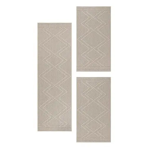 Produktbild: Carpetsale24 Bettumrandung Schlafzimmer 3 teilig Skandinavischer Teppich Beige Bettvorleger Schlafzimmer Bettset: 2 St. 80x150 cm | 1 St. 80x250 cm - Boho Stil Teppich Hoch-Tief Effekt Läufer Set