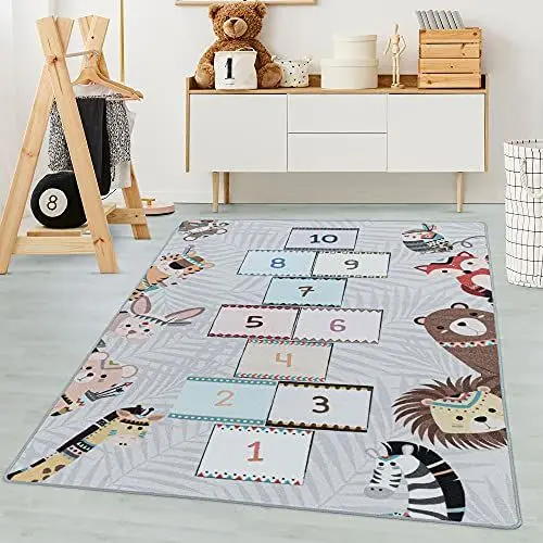 Produktbild: Carpetsale24 Kinderteppich Indianer Tiere mit Hüpfkästchen Design Grau 160 x 230 cm - Kurzflor Teppich Kinderzimmer für Jungen & Mädchen Pflegeleicht - Waschbar Spielteppich Babyzimmer Babyteppich