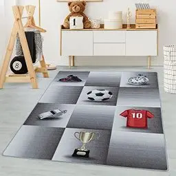 Produktbild: Carpetsale24 Kinderteppich Modern Fußball-Design Grau 160 x 230 cm - Kurzflor Teppich Kinderzimmer Waschbarer Spielteppich Babyteppich für Jungen und Mädchen Extra Weich und Antiallergen Rechteckig