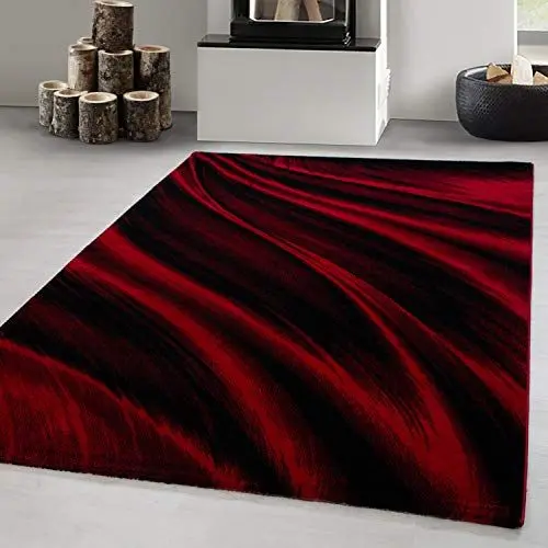 Produktbild: Carpetsale24 Kurzflor Teppich 160x230 cm, Modern Abstrakt Wellen Design in Rot Schwarz, Pflegeleicht, ideal für Wohnzimmer, Esszimmer oder Schlafzimmer