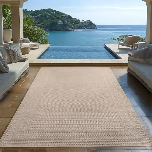 Produktbild: Carpetsale24 Outdoor Teppich Beige 160x230 cm, Wetterfest & UV-beständig, ideal für Küche, Balkon, Terrasse, Garten auch Wohnzimmer und Esszimmer, Einfarbiges Design mit Bordüre, Leicht zu Reinigen