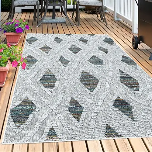 Produktbild: Carpetsale24 Outdoor Teppich Modern, Boho Berber Design Teppich 3D Optik, Rechteckig, Grau mit bunten Mustern, Hoch-Tief Effekt, Wetterfest, für Balkon, Garten, Terasse, Küche, Größe: 140 x 200 cm
