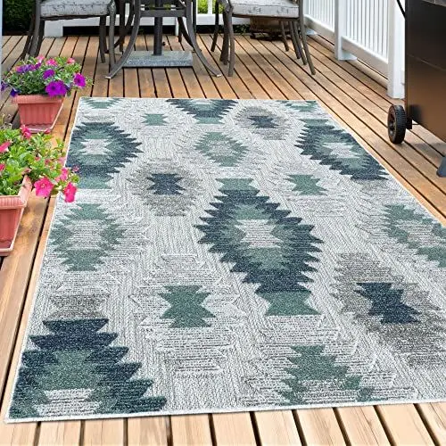 Produktbild: Carpetsale24 Outdoor Teppich Modern, Kelim Berber Muster 3D Optik, Rechteckig, Grau mit blauen Mustern, Hoch-Tief Effekt, Wetterfest, für Balkon, Garten, Terasse, Küche, Größe: 140 x 200 cm