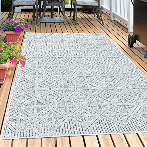 Produktbild: Carpetsale24 Outdoor Teppich Modern, Rauten Boho Muster Teppich 3D Optik, Rechteckig, Grau Farbe, Hoch-Tief Effekt, Wetterfest, für Balkon, Garten, Terasse, Küche, Größe: 140 x 200 cm