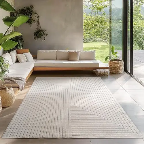 Produktbild: Carpetsale24 Outdoor Teppich auch Wohnzimmer, Schlafzimmer, Wintergarten, Kurzflor Creme, Hoch-Tief-Effekt, weich & waschbar, pflegeleicht, 140x200 cm