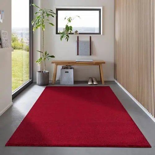Produktbild: Carpetsale24 Teppich 200x290 cm Rot, Kurzflor, Einfarbig, Modern, Rechteckig, Pflegeleicht, rutschfest, Wohnzimmerteppich für Schlafzimmer, Esszimmer, Büro