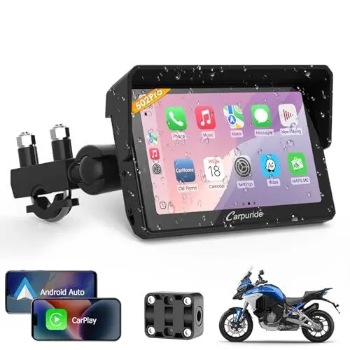 Produktbild: Carpuride W502PRO für Motorrad CarPlay & Android Auto & Dual Bluetooth - 5 Zoll wasserdichter GPS-Navigation für Motorrad, Musik-Sharing, Gegensprechanlage, EQ, Lichtsensor, Kompass, Barometer