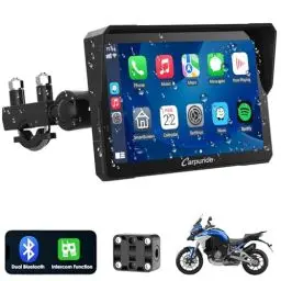 Produktbild: Carpuride W702 Pro Motorrad Carplay Bildschirm mit Gegensprechfunktion, Kabellos CarPlay und Android Auto, Tragbarem Wasserdichtem 7 Zoll Touchscreen, Verbessertem Dual Bluetooth, Navigation, Kompass.