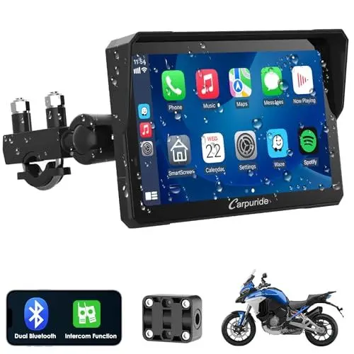 Produktbild: Carpuride W702 Pro Motorrad Carplay Bildschirm mit Gegensprechfunktion, Kabellos CarPlay und Android Auto, Tragbarem Wasserdichtem 7 Zoll Touchscreen, Verbessertem Dual Bluetooth, Navigation, Kompass.