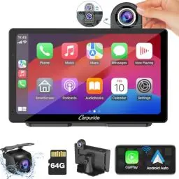 Produktbild: Carpuride W703 Tragbares Kabelloses Carplay & Android Auto mit Dashcam – 7-Zoll-HD-IPS-Bildschirm, 4K-Frontkamera und 1080P-Rückfahrkamera, Loop-Aufnahme, GPS, Siri,Musik, Am Armaturenbrett Montiert