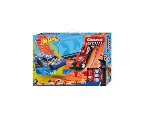 Produktbild: Carrera 20062552 GO!!! Rennstrecken-Set I Hot Wheels I 4,9 m elektrische Rennbahn mit Streckenteilen und Handregler mit Turbo-Button im Maßstab 1:43 I für bis zu 2 Spieler I für Kinder ab 6 Jahren