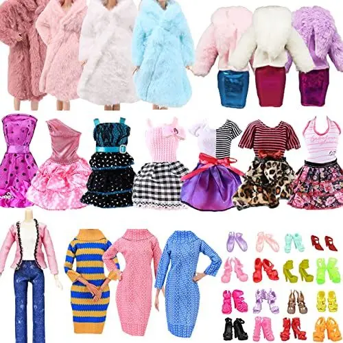 Produktbild: Carreuty 18Pcs Kleidung Outfit für 11,5 Zoll Puppen Puppenkleidung, 3 Fashion Kleider 1 Pullover 1 Plüschoberteil Outfit 1 Coat 1 Tops 1 Hosen 10 Schuhe Geschenke für Mädchen