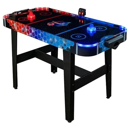 Produktbild: Carromco Airhockey Spieltisch Aurora-XT groß, Air Hockey Kinder/Erwachsene, Airhockey Tisch LED mit Luft 131x62x79 cm, für 2 Spieler ab 7 Jahren inkl. LED-Airhockey Pusher & Pucks