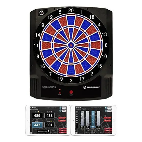 Produktbild: Carromco Dartscheibe elektronisch mit App, 2-Loch, Smartness Turbo Charger 4.0, rot-blau für 1-8 Spieler mit Pfeilen und USB-Kabel, mit 17 Spielen/312 Variationen (inkl. Cricket)