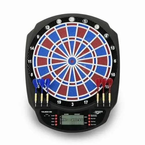 Produktbild: Carromco Dartscheibe elektronisch, 2-Loch, TOLEDO-301, rot-blau für 1-8 Spieler mit Pfeilen und Netzteil, mit 43 Spielen/320 Variationen (inkl. Cricket)