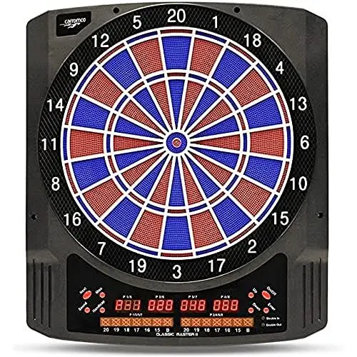 Produktbild: Carromco Dartscheibe elektronisch, 2-Loch, CLASSIC MASTER II, rot-blau für 1-8 Spieler mit Pfeilen und Netzteil, mit 36 Spielen/585 Variationen (inkl. Cricket)