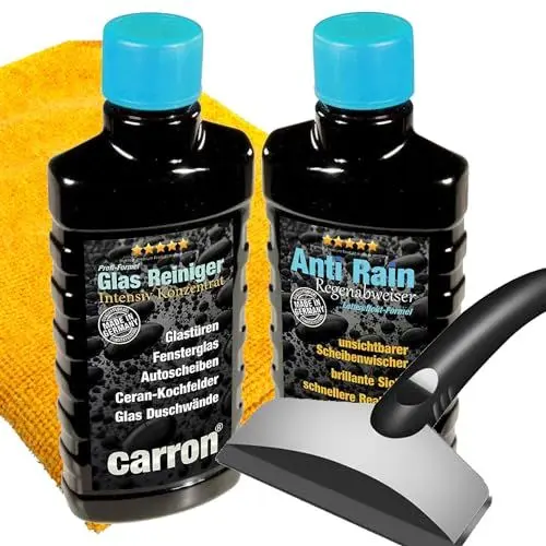 Produktbild: carron® Anti-Rain Profi-Set Glasreiniger + Regenabweiser + Eiskratzer für Reinigung und Versiegelung der Frontscheibe - Glasversiegelung für regenabweisenden Lotuseffekt (Bundle)