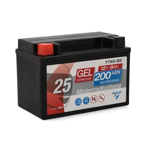 Produktbild: CARTEC Motorradbatterie YTX9-BS, 9Ah, 200A, Gel Technologie Motorrad-Starter-Batterie, Erstausrüsterqualität, zyklenfest, lagerfähig, wartungsfrei, schwarz