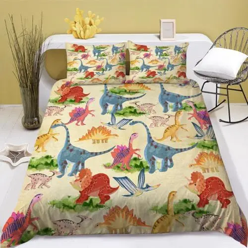 Produktbild: Cartoon Dino Kinder Bettwäsche Set, Bunt 3D Dinosaurier Jungen Bettbezug 135x200cm + 80x80cm für Mädchen und Jungen Kids, Kinderbettwäsche Hochwertig mit Reißverschluss 2 teilig Bettwäsche Betten Set
