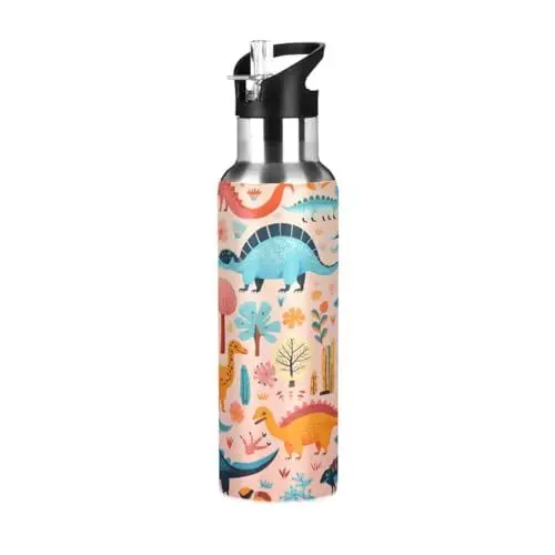 Produktbild: Cartoon Kunst Dino Dinosaurier Trinkflasche Wasserflasche mit Strohhalm, Thermosflasche Vakuumisolierte aus Edelstahl 18/8, BPA-frei für Kinder Sport Wandern Schule (600ml/1L)