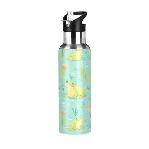 Produktbild: Cartoon Lustiger Frosch Grün Trinkflasche Wasserflasche mit Strohhalm, Thermosflasche Vakuumisolierte aus Edelstahl 18/8, BPA-frei für Kinder Sport Wandern Schule (600ml/1L)