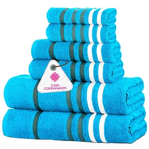 Produktbild: Casa Copenhagen Exotisches 6-teiliges Handtuch-Set, Blaugrün, 525 g/m², 2 Badetücher, 2 Handtücher, 2 Waschlappen aus weicher ägyptischer Baumwolle für Badezimmer, Küche und Dusche