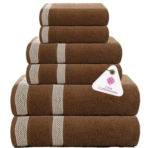 Produktbild: Casa Copenhagen Solitaire 6-teiliges Handtuch-Set – Braun, 600 g/m². 2 Badetücher, 2 Handtücher, 2 Waschlappen aus weicher ägyptischer Baumwolle für Badezimmer, Küche und Dusche
