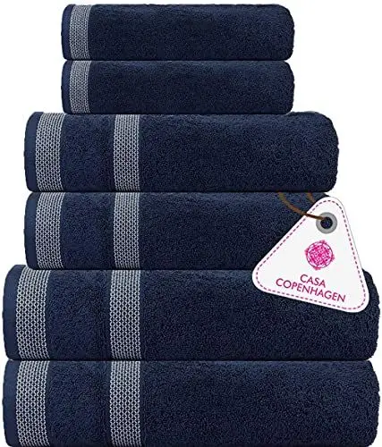 Produktbild: Casa Copenhagen Solitaire 6-teiliges Handtuch-Set – Marineblau, 600 g/m², 2 Badetücher, 2 Handtücher, 2 Waschlappen aus weicher ägyptischer Baumwolle für Badezimmer, Küche und Dusche