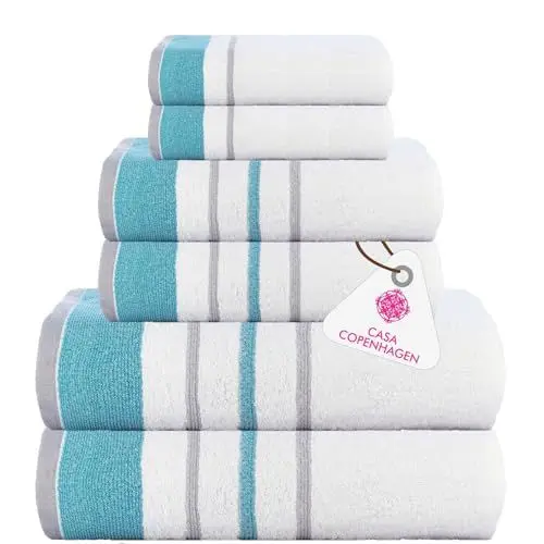 Produktbild: Casa Copenhagen White Bay-Handtuch aus 600 g/m² ägyptischer Baumwolle für Hotel, Spa, Küche und Bad, 6-teiliges Set mit 2 Bädern, 2 Händen, 2 Waschlappen – Weiß mit blaugrünem und grauem Rand
