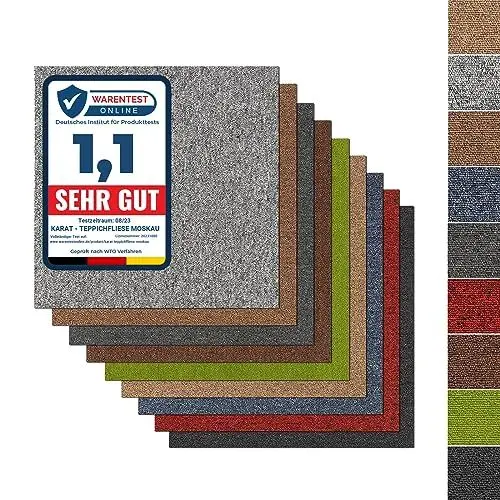 Produktbild: casa pura Design Teppichfliesen Moskau 50x50 cm selbstliegend - 1 m² Set - strapazierfähiger Teppich Bodenbelag mit hochwertigem Schlingenflor - antistatisch mit Bitumen Rücken (Anthrazit, 4 Stück)