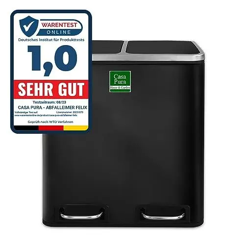 Produktbild: casa pura Mülleimer mit 2 Fächern - 2 x 15 Liter, herausnehmbare Inneneimer mit Henkel, Deckel mit Schließdämpfer - Mülltrennsystem, Abfalleimer für Küche & Büro (Felix, 30 L - Schwarz)