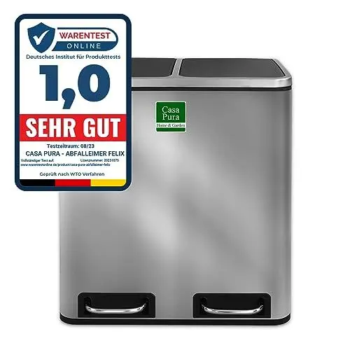 Produktbild: casa pura Mülleimer mit 2 Fächern - 2 x 15 Liter, herausnehmbare Inneneimer mit Henkel, Deckel mit Schließdämpfer - Mülltrennsystem, Abfalleimer für Küche & Büro (Felix, 30 L - Silber)