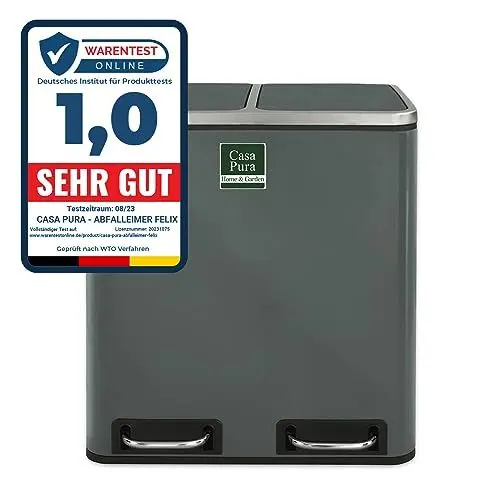 Produktbild: casa pura Mülleimer mit 2 Fächern - 2 x 30 Liter, herausnehmbare Inneneimer mit Henkel, Deckel mit Schließdämpfer - Mülltrennsystem, Abfalleimer für Küche & Büro (Felix, 60L - Anthrazit)