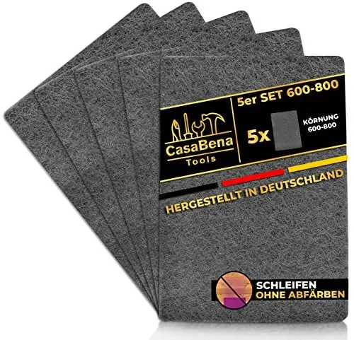 Produktbild: CasaBena® - 5er Set Schleifvlies für Holz, Metall, Lack & Edelstahl - MADE IN GERMANY - Schleifpapier & Schleifpads 5 Pads mit Körnungen (600-800) 150x210mm FEIN - Schleifwolle & Schmirgelpapier