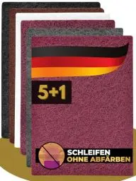Produktbild: CasaBena® - 6er Set Schleifvlies für Holz, Metall, Lack & Edelstahl - MADE IN GERMANY - Schleifpapier & Schleifpads 5 Pads mit Körnungen (100-1000) + 1 Reinigungsvlies ohne Körnung 150x210mm fein-grob