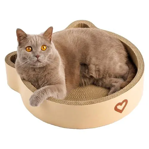 Produktbild: CASALOBA Katzenkorb zum Schlafen, Kratzen und Spielen | Langlebiges Katzen Kratzbrett aus erstklassiger Wellpappe in moderner Katzenkopfform | 3-in-1 Katzen Spielzeug, Kratzmöbel und Schlafplatz