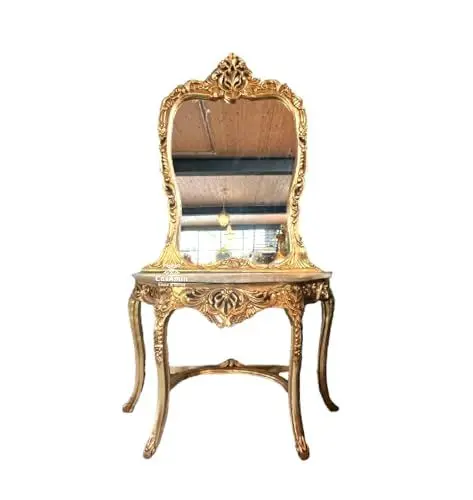Produktbild: CasAmin Home & Living Deluxe Tischkonsole & Spiegelset Retro Barockstil mit Beiger Marmorplatte Handgefertigtes Spiegel- und Tischset aus Holz in Goldoptik
