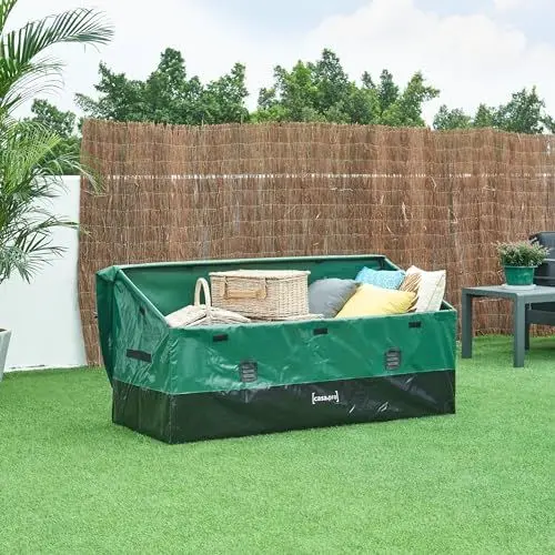Produktbild: casa.pro Gartenbox Alanno Aufbewahrungsbox 155 x 64 x 75 cm Outdoor Auflagenbox aus wasserdichter Plane luftdurchlässig Gartentruhe Grün/Schwarz