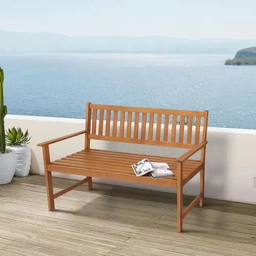 Produktbild: casa.pro Gartenbank Canzano Holzbank wetterfest 2-Sitzer Lehnenbank Outdoor Sitzbank mit Armlehnen Eukalyptusholz Friesenbank 120 x 58 x 90 cm