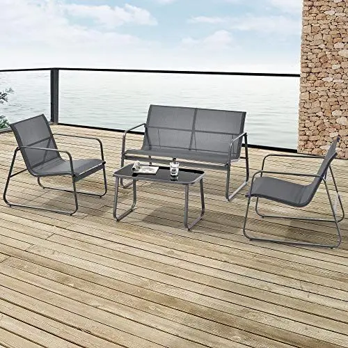 Produktbild: casa.pro Gartenmöbel-Set Anzi 4-TLG. Outdoor Sitzgruppe Grau Balkonmöbel Set aus 1 Tisch, 1 Bank, 2 Stühle Terrasse Loungemöbelset wetterfest