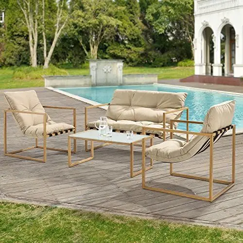 Produktbild: casa.pro Gartenmöbel Set 4-teilig Gartenset Gartengarnitur mit Polsterkissen Sitzgarnitur aus Sitzbank Sessel Couchtisch Outdoor-Möbel mit Stahlgestell Sitzgruppe Holz/Khaki