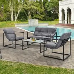 Produktbild: casa.pro Gartenmöbel Set 4-teilig Gartenset Gartengarnitur mit Polsterkissen Sitzgarnitur aus Sitzbank Sessel Couchtisch Outdoor-Möbel mit Stahlgestell Sitzgruppe Schwarz/Grau