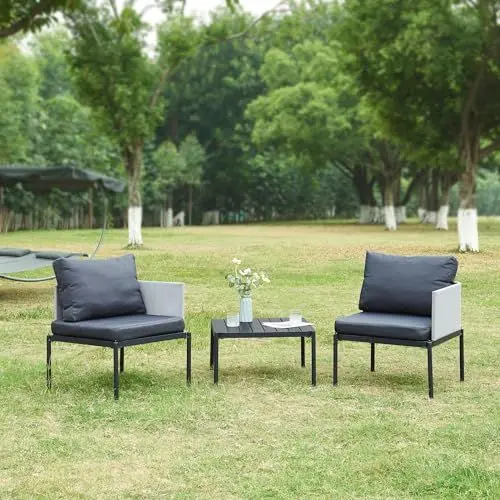 Produktbild: casa.pro Gartenmöbel Set Accettura 3-TLG. Garten Sitzgruppe Aluminium Gartentisch mit 2 Stühlen mit Kissen Sitzgarnitur Outdoor Metalltisch Balkonmöbel Set wetterfest Grau