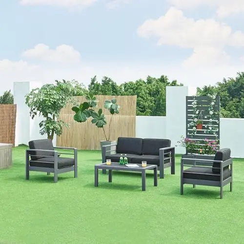 Produktbild: casa.pro Gartenmöbelset Avise 4-TLG. Balkonmöbel Sofa mit einem Tisch und 2 Sesseln Aluminium Outdoor Sitzgarnitur Polsterkissen Lounge Möbel wetterfest Anthrazit/Dunkelgrau