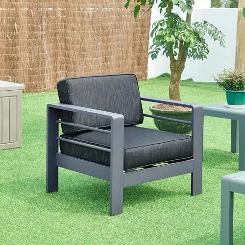 Produktbild: casa.pro Gartensessel Avise Loungesessel Outdoor Sessel Balkonstuhl mit Armlehnen Aluminium mit Polsterkissen wetterfest Lehnsessel 62 x 81 x 70 cm Dunkelgrau