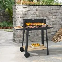 Produktbild: casa.pro Grillwagen Ari Holzkohlegrill BBQ Grillrost aus emailliertem Edelstahl Gartengrill 2 Räder Windschutz mit Grillrosthöhenverstellung 78x86x30cm Schwarz/Holz
