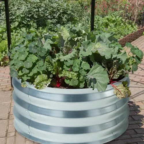 Produktbild: casa.pro Hochbeet Andrano Gemüsebeet für Garten Pflanzbeet Ø61 x 30,5 cm rund Blumenkasten ohne Boden verzinkter Stahl Silberfarben